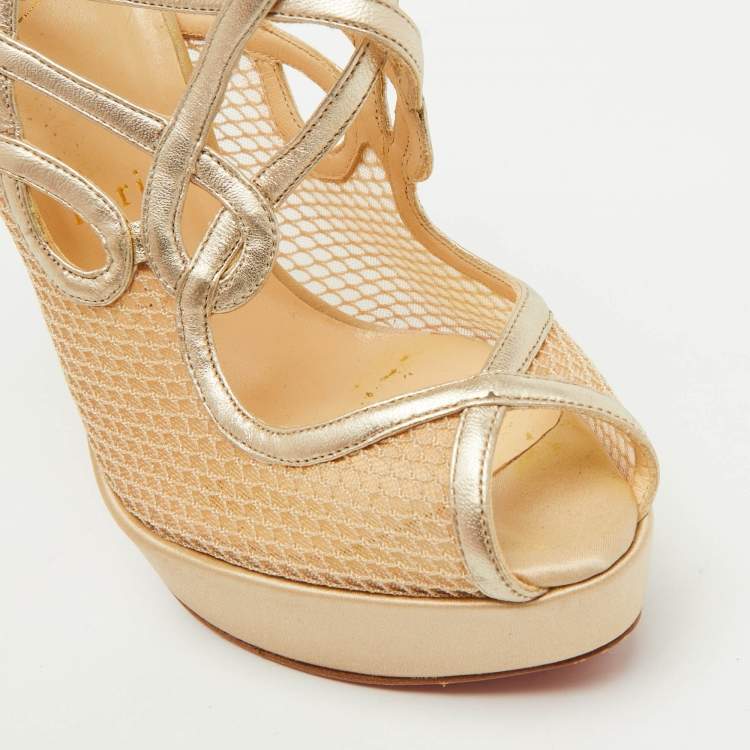 Pre Owned Christian Louboutin Beige/Gold Mesh and Leather Slingback Platform Sandals Size 36.5
