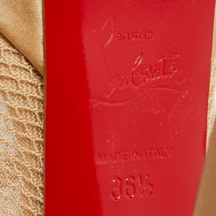 Pre Owned Christian Louboutin Beige/Gold Mesh and Leather Slingback Platform Sandals Size 36.5