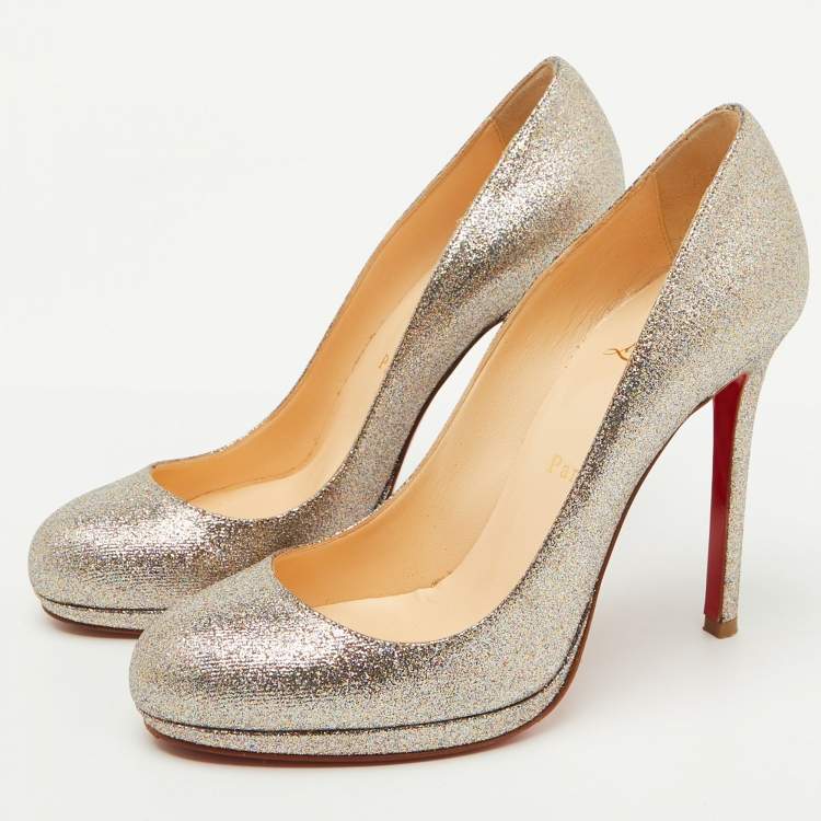 Pre Owned Christian Louboutin Metallic Silver Glitter Fifi Pumps Size 38