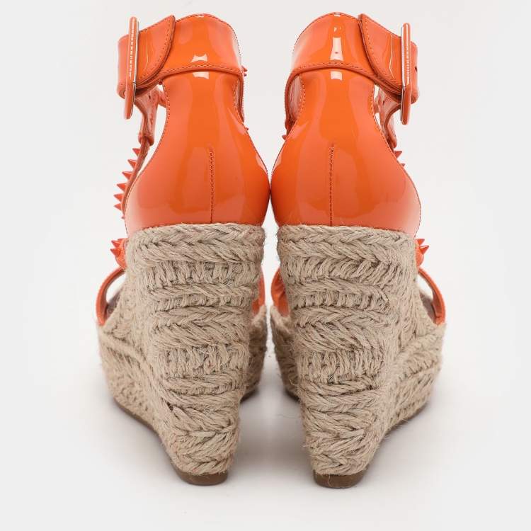 Pre Owned Christian Louboutin Orange Patent Leather Chocazeppa Wedge Sandals Size 37