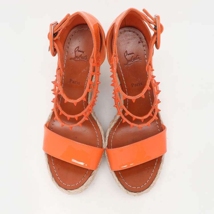 Pre Owned Christian Louboutin Orange Patent Leather Chocazeppa Wedge Sandals Size 37