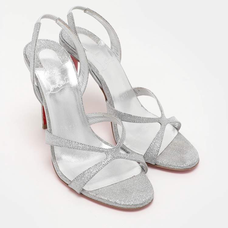 Pre Owned Christian Louboutin Silver Glitter Emilie Slingback Sandals Size 35