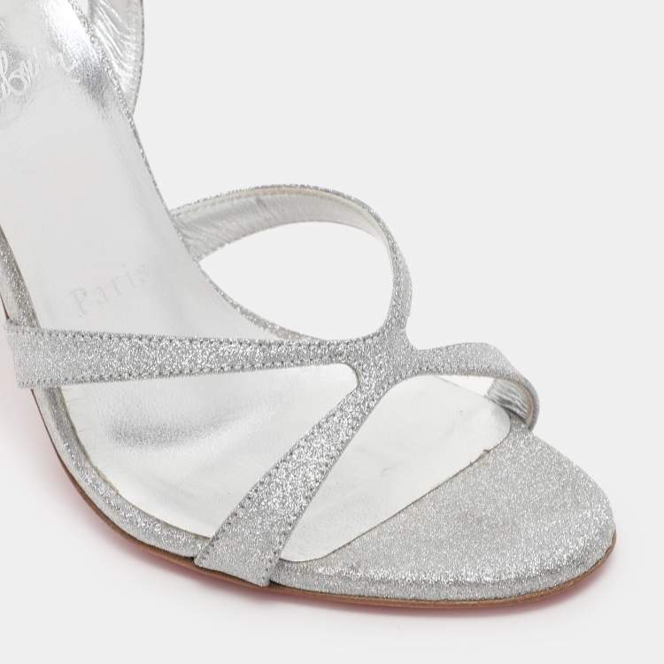 Pre Owned Christian Louboutin Silver Glitter Emilie Slingback Sandals Size 35