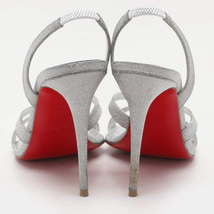 Pre Owned Christian Louboutin Silver Glitter Emilie Slingback Sandals Size 35