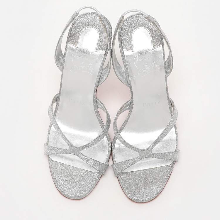 Pre Owned Christian Louboutin Silver Glitter Emilie Slingback Sandals Size 35