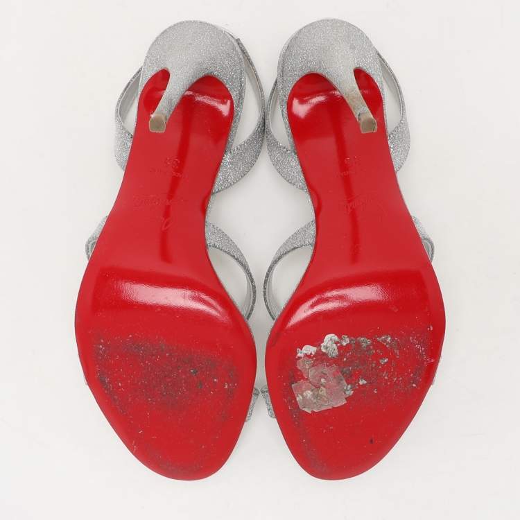 Pre Owned Christian Louboutin Silver Glitter Emilie Slingback Sandals Size 35