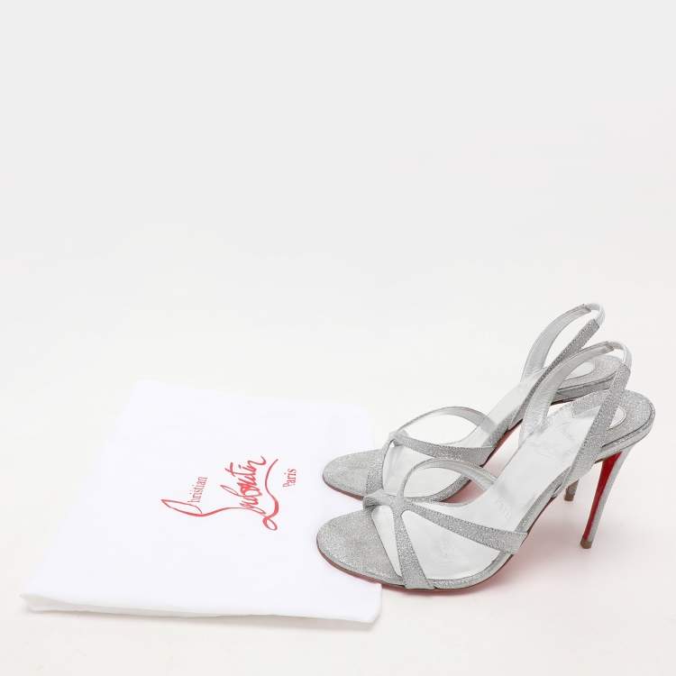 Pre Owned Christian Louboutin Silver Glitter Emilie Slingback Sandals Size 35