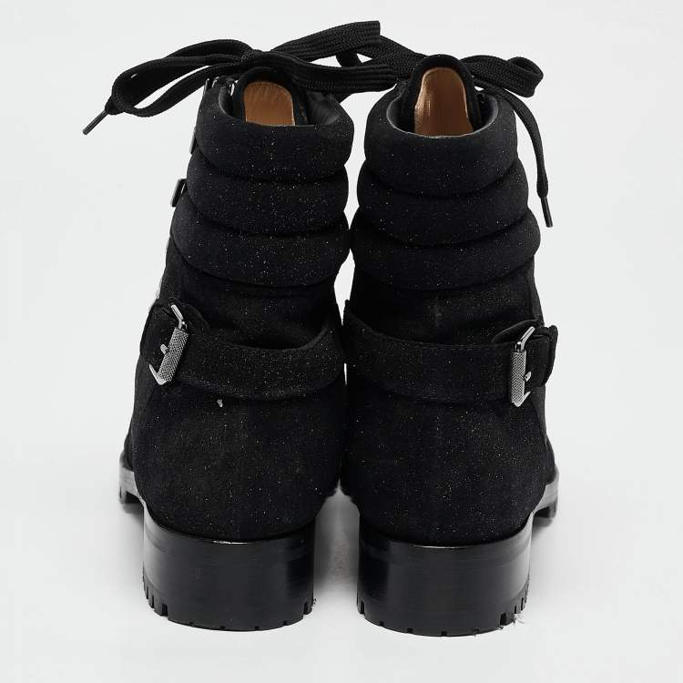 مملوكة مسبقًا Christian Louboutin Black Shimmer Suede Crosta Star Army Boots Size 40.5