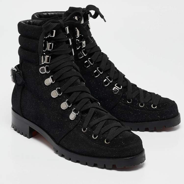 مملوكة مسبقًا Christian Louboutin Black Shimmer Suede Crosta Star Army Boots Size 40.5