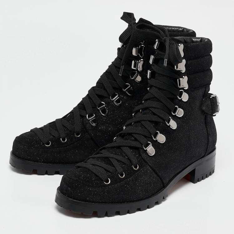 مملوكة مسبقًا Christian Louboutin Black Shimmer Suede Crosta Star Army Boots Size 40.5