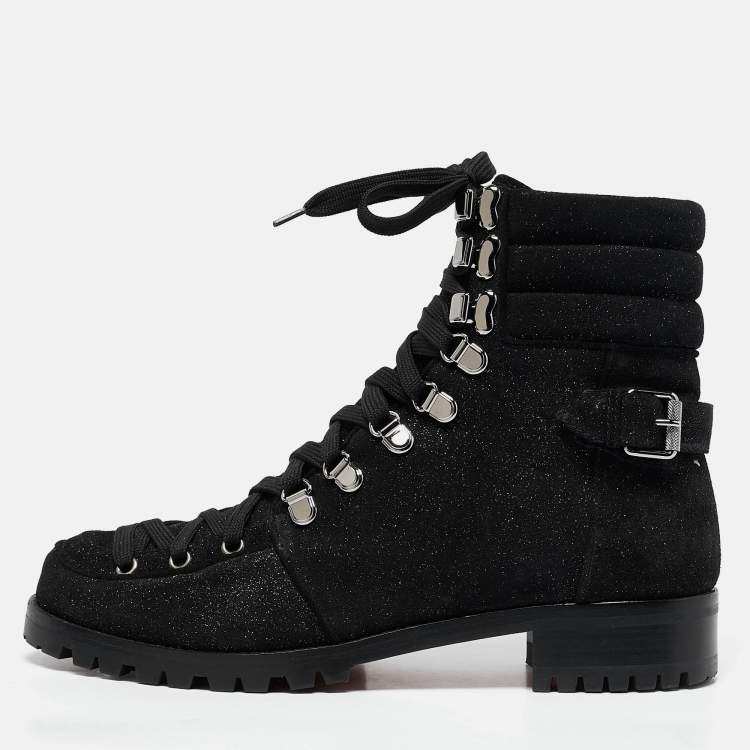 مملوكة مسبقًا Christian Louboutin Black Shimmer Suede Crosta Star Army Boots Size 40.5