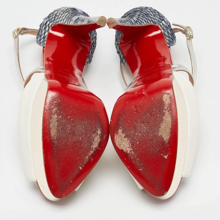 Pre Owned Christian Louboutin Multicolor Watersnake and Leather Cross Me Sandals Size 37.5