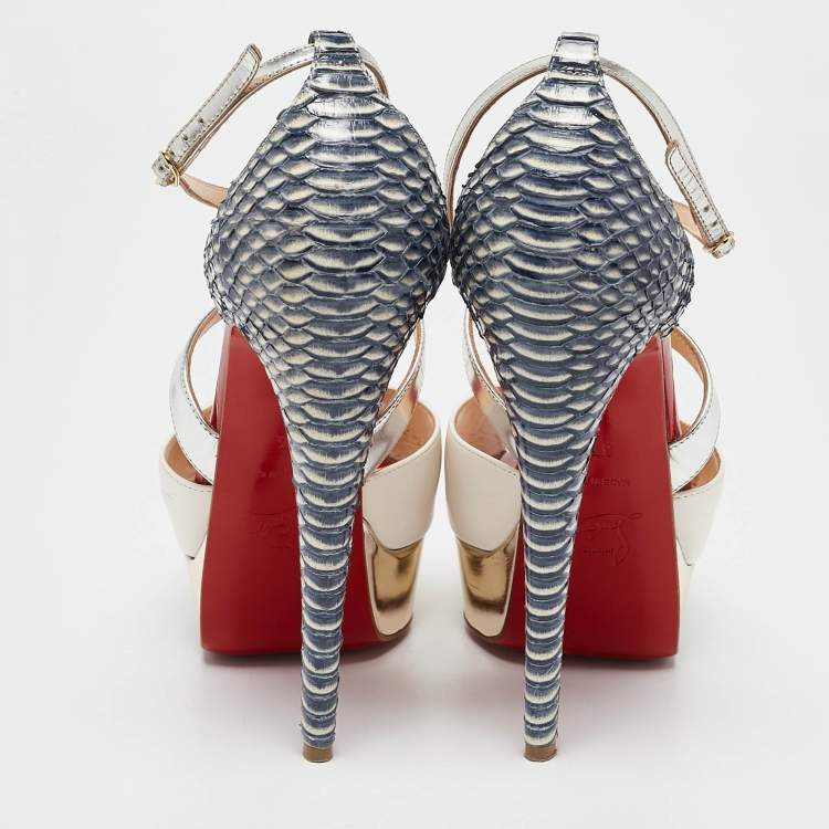 Pre Owned Christian Louboutin Multicolor Watersnake and Leather Cross Me Sandals Size 37.5