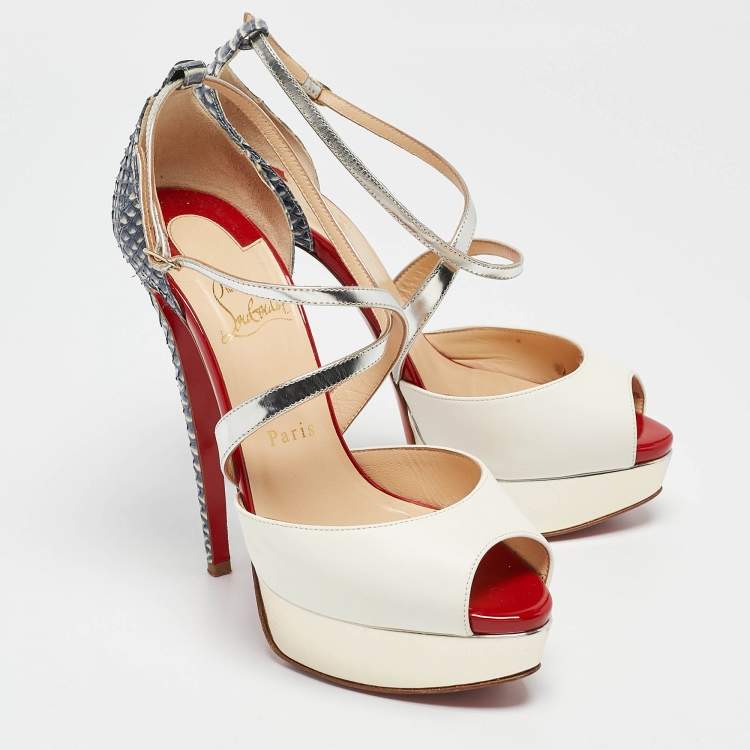 Pre Owned Christian Louboutin Multicolor Watersnake and Leather Cross Me Sandals Size 37.5