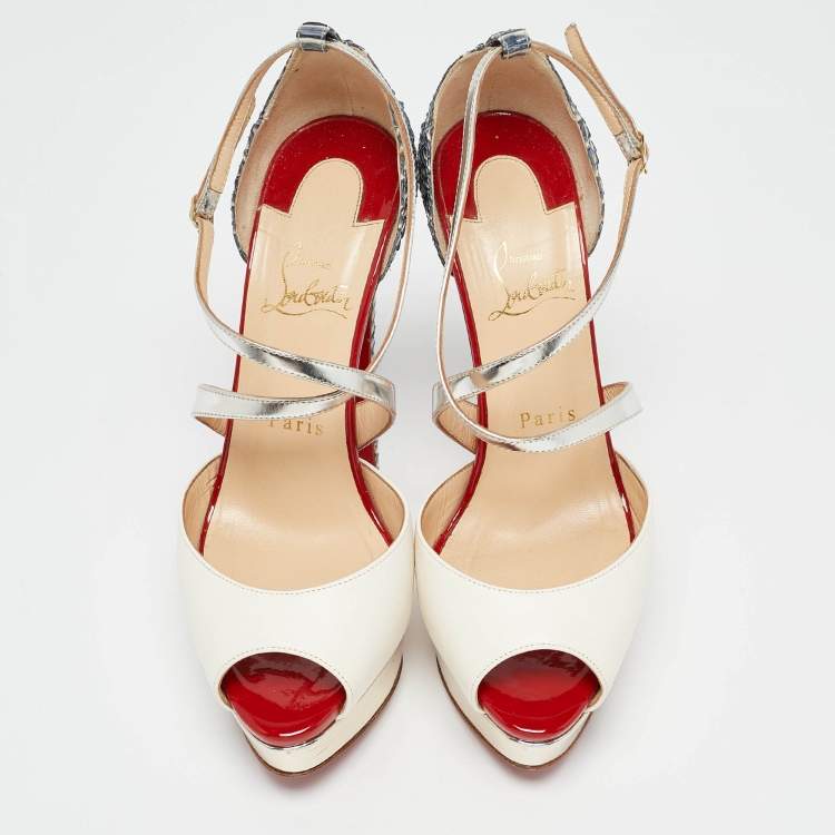 Pre Owned Christian Louboutin Multicolor Watersnake and Leather Cross Me Sandals Size 37.5