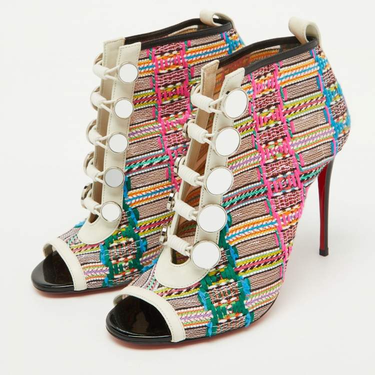 Pre Owned Christian Louboutin Multicolor Knit Fabric and Leather Ankle Length Boots Size 38