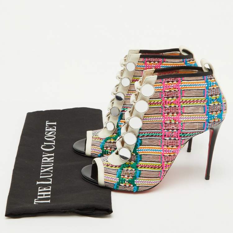Pre Owned Christian Louboutin Multicolor Knit Fabric and Leather Ankle Length Boots Size 38