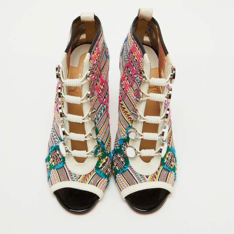 Pre Owned Christian Louboutin Multicolor Knit Fabric and Leather Ankle Length Boots Size 38