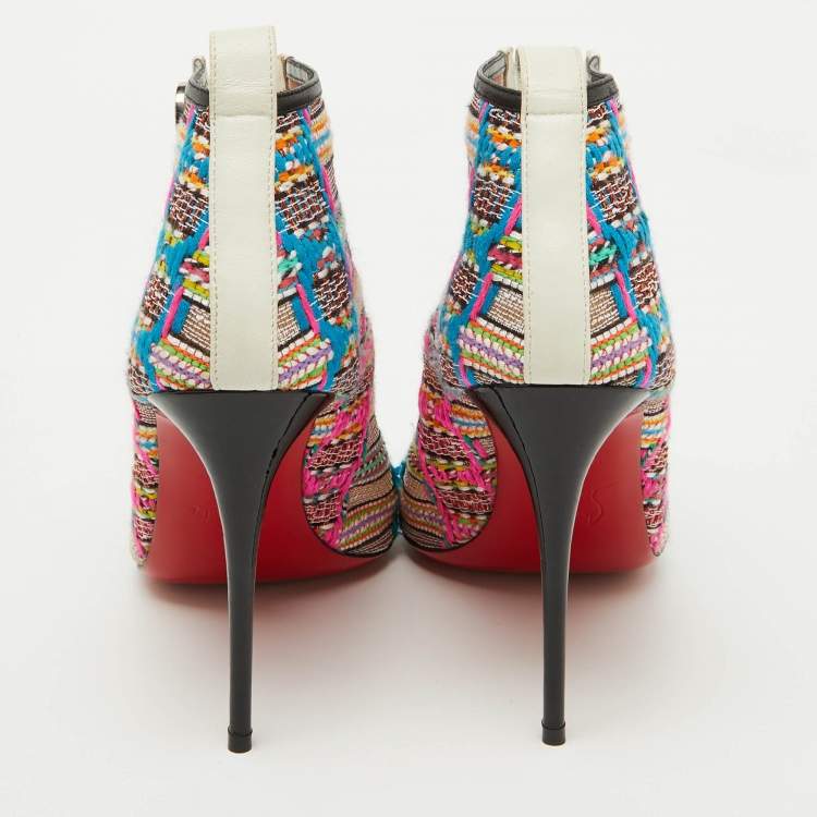 Pre Owned Christian Louboutin Multicolor Knit Fabric and Leather Ankle Length Boots Size 38