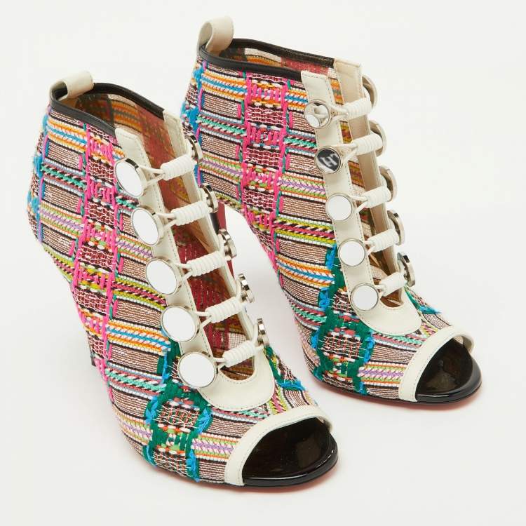 Pre Owned Christian Louboutin Multicolor Knit Fabric and Leather Ankle Length Boots Size 38