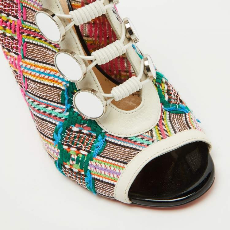 Pre Owned Christian Louboutin Multicolor Knit Fabric and Leather Ankle Length Boots Size 38