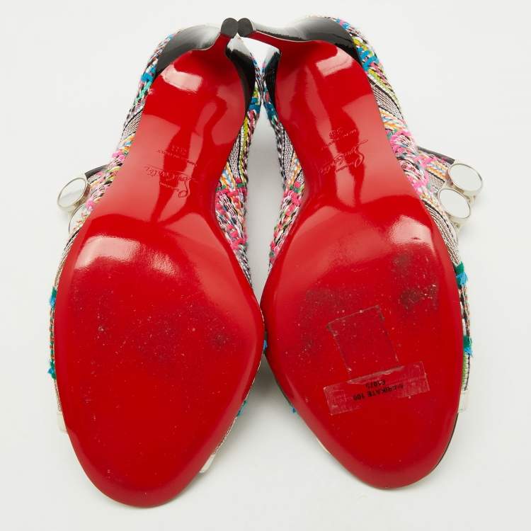 Pre Owned Christian Louboutin Multicolor Knit Fabric and Leather Ankle Length Boots Size 38