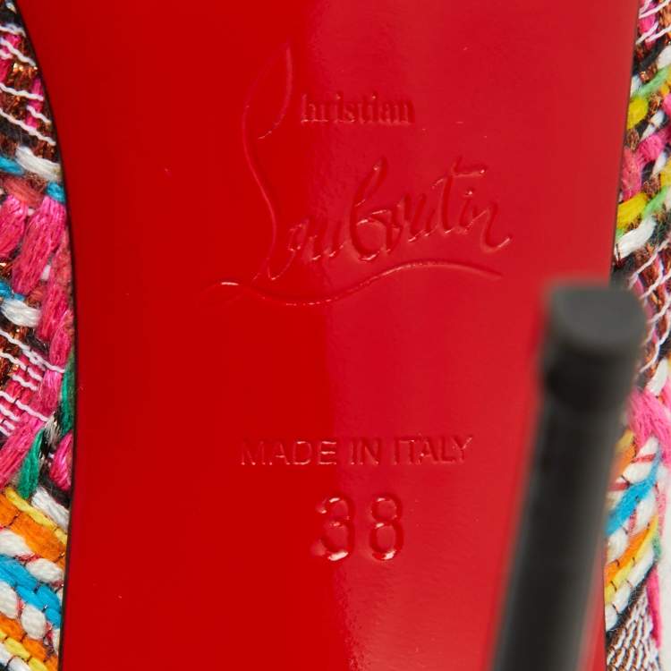 Pre Owned Christian Louboutin Multicolor Knit Fabric and Leather Ankle Length Boots Size 38