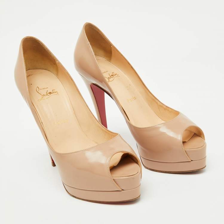 Pre Owned Christian Louboutin Beige Patent Leather Altadama Platform Peep Toe Pumps Size 38.5