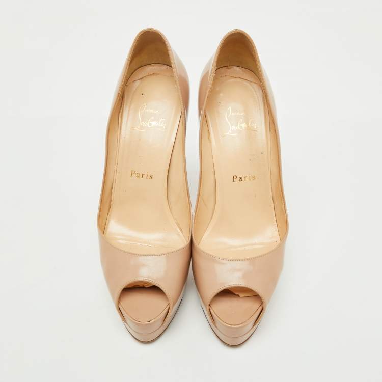 Pre Owned Christian Louboutin Beige Patent Leather Altadama Platform Peep Toe Pumps Size 38.5