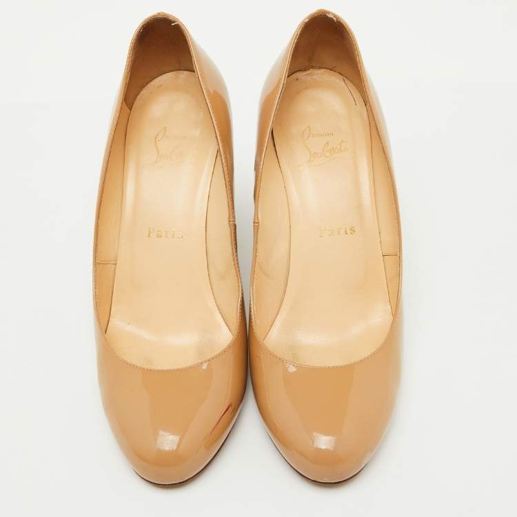 Pre Owned Christian Louboutin Beige Patent Leather RonRon Zeppa Wedge Pumps Size 38.5