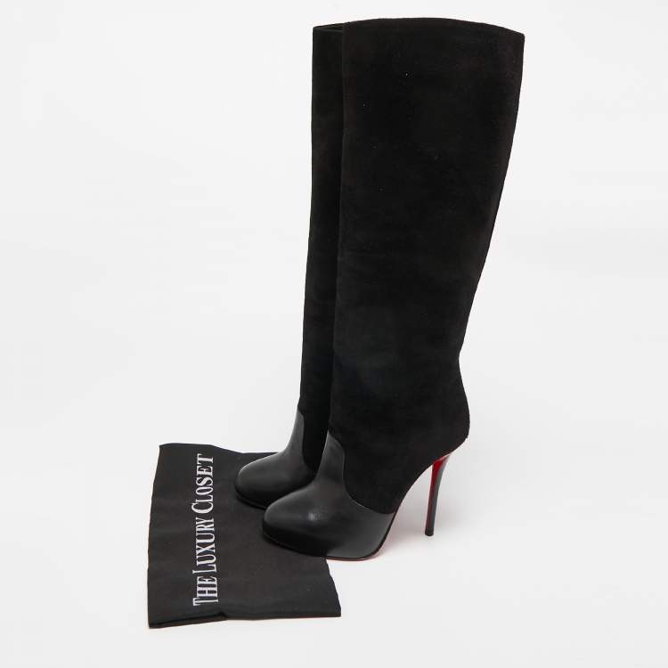 Pre Owned Christian Louboutin Black Leather and Suede Knee Length Boots Size 37