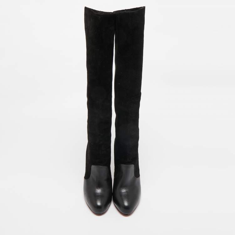 Pre Owned Christian Louboutin Black Leather and Suede Knee Length Boots Size 37