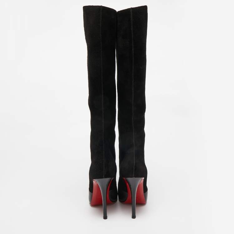 Pre Owned Christian Louboutin Black Leather and Suede Knee Length Boots Size 37