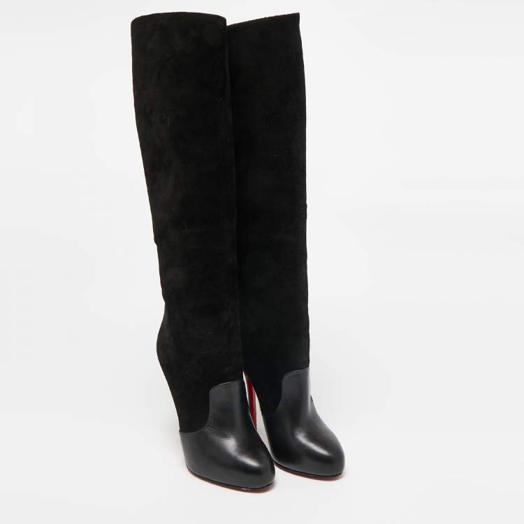 Pre Owned Christian Louboutin Black Leather and Suede Knee Length Boots Size 37