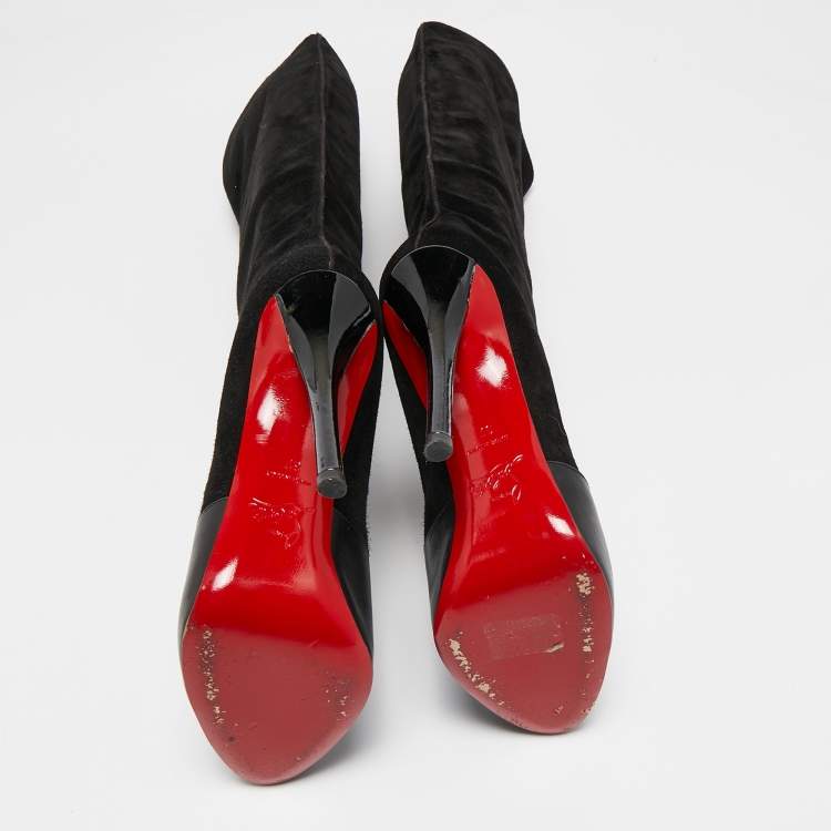 Pre Owned Christian Louboutin Black Leather and Suede Knee Length Boots Size 37