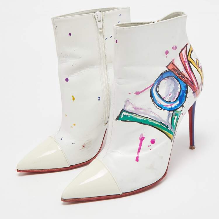 Pre Owned Christian Louboutin White Leather and Patent Leather In Love Ankle Length Boots Size 37
