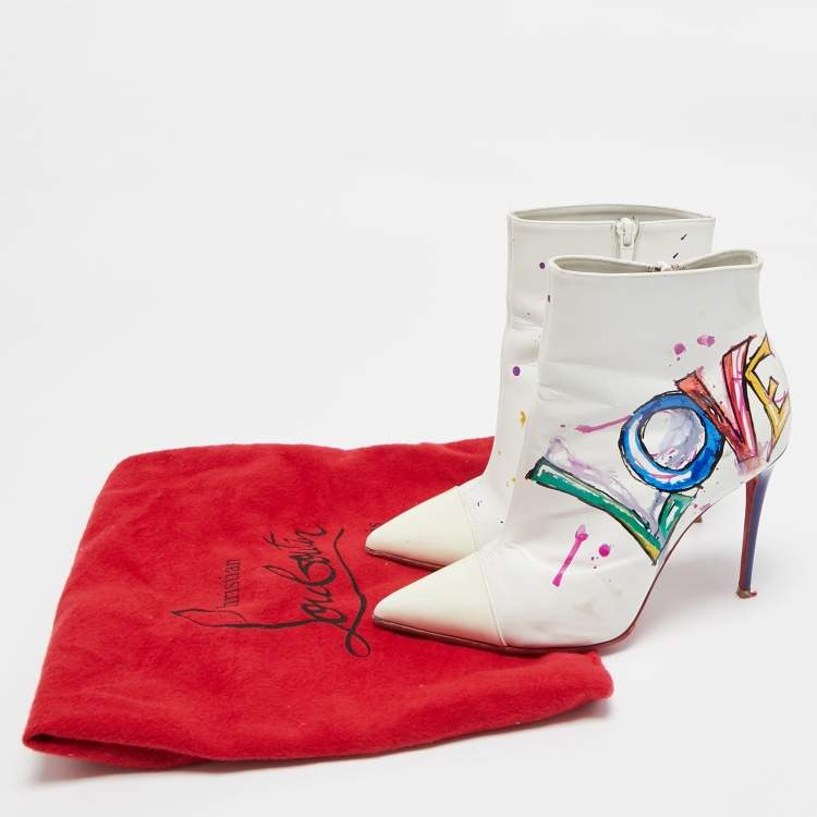 Pre Owned Christian Louboutin White Leather and Patent Leather In Love Ankle Length Boots Size 37