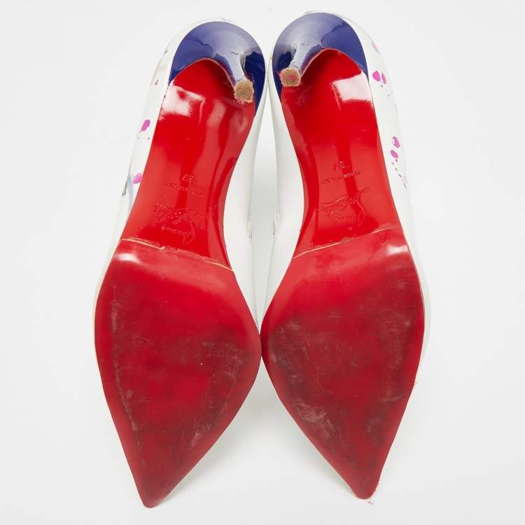 Pre Owned Christian Louboutin White Leather and Patent Leather In Love Ankle Length Boots Size 37
