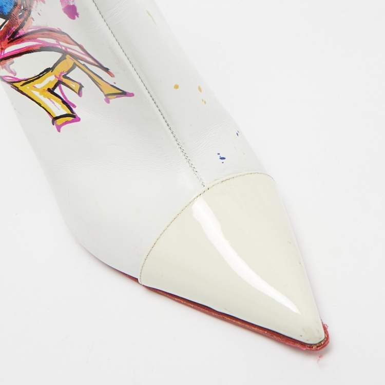 Pre Owned Christian Louboutin White Leather and Patent Leather In Love Ankle Length Boots Size 37
