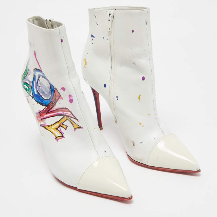Pre Owned Christian Louboutin White Leather and Patent Leather In Love Ankle Length Boots Size 37