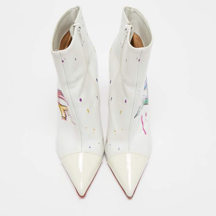 Pre Owned Christian Louboutin White Leather and Patent Leather In Love Ankle Length Boots Size 37