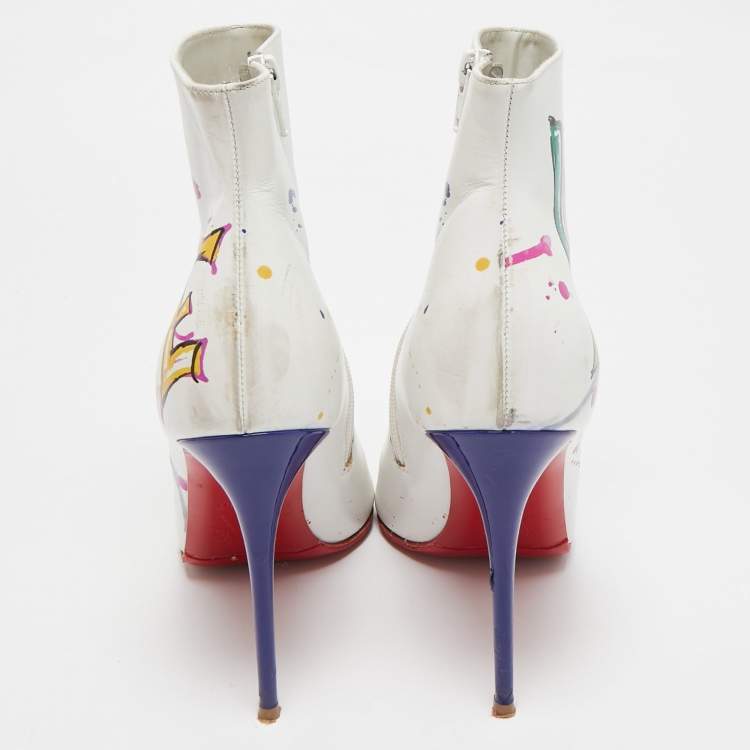 Pre Owned Christian Louboutin White Leather and Patent Leather In Love Ankle Length Boots Size 37