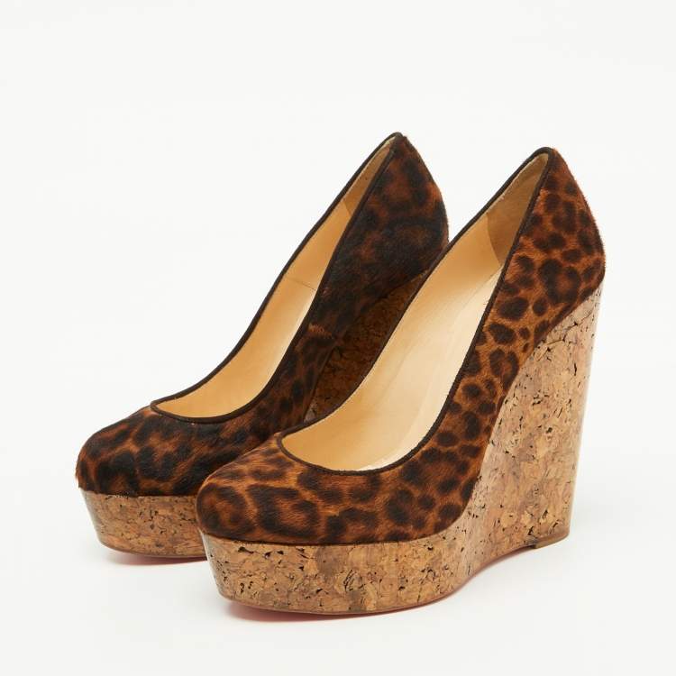 Pre Owned Christian Louboutin Brown Leopard Print Calf Hair Cork Wedge Platform Pumps Size 36