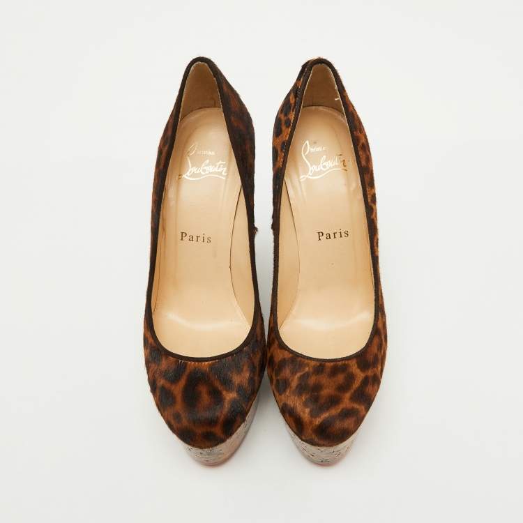 Pre Owned Christian Louboutin Brown Leopard Print Calf Hair Cork Wedge Platform Pumps Size 36