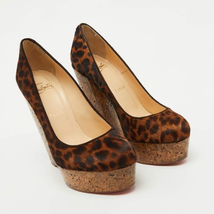 Pre Owned Christian Louboutin Brown Leopard Print Calf Hair Cork Wedge Platform Pumps Size 36