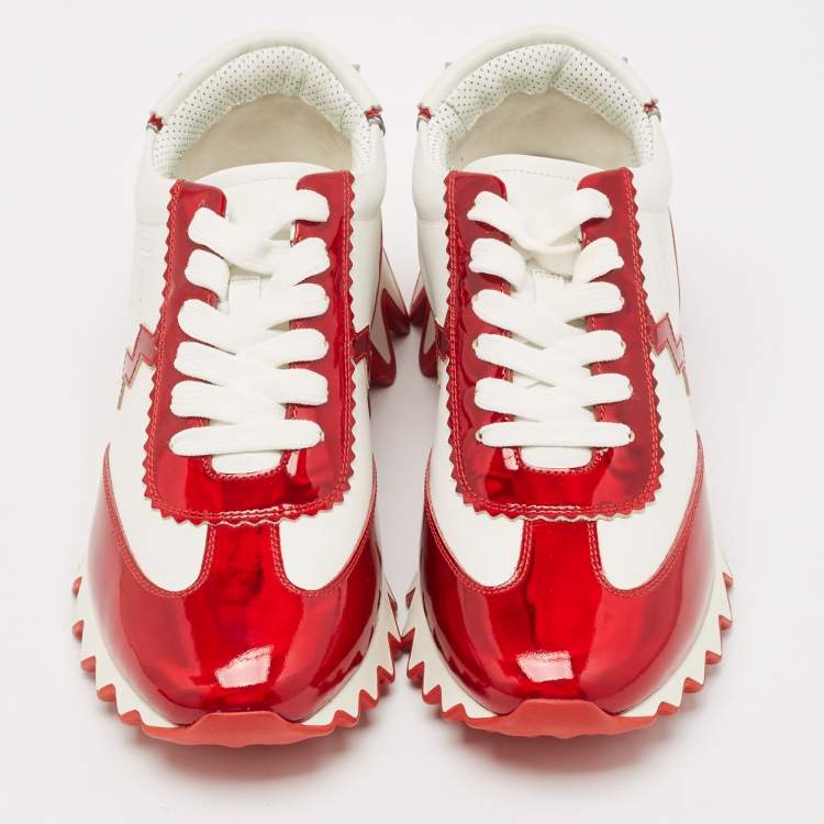 Pre Owned Christian Louboutin White/Red Leather and Rubber Loubishark Lace Up Sneakers Size 39.5