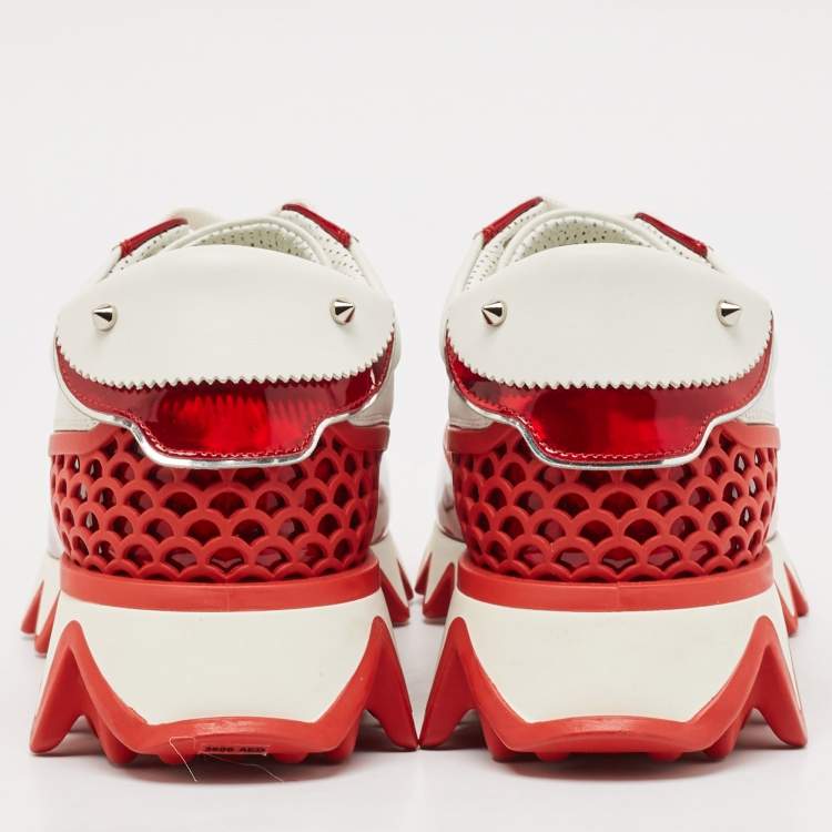 Pre Owned Christian Louboutin White/Red Leather and Rubber Loubishark Lace Up Sneakers Size 39.5