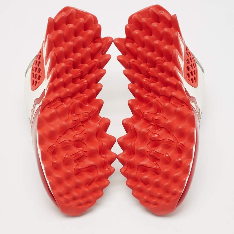 Pre Owned Christian Louboutin White/Red Leather and Rubber Loubishark Lace Up Sneakers Size 39.5