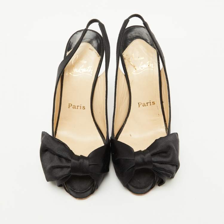 Pre Owned Christian Louboutin Black Satin Bow Peep Toe Platform Slingback Pumps Size 36