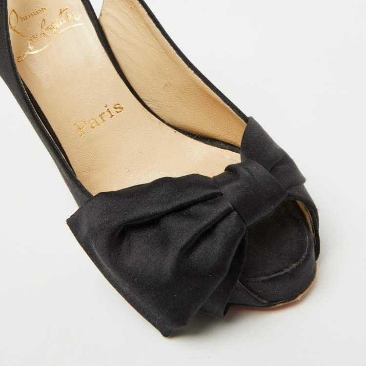 Pre Owned Christian Louboutin Black Satin Bow Peep Toe Platform Slingback Pumps Size 36